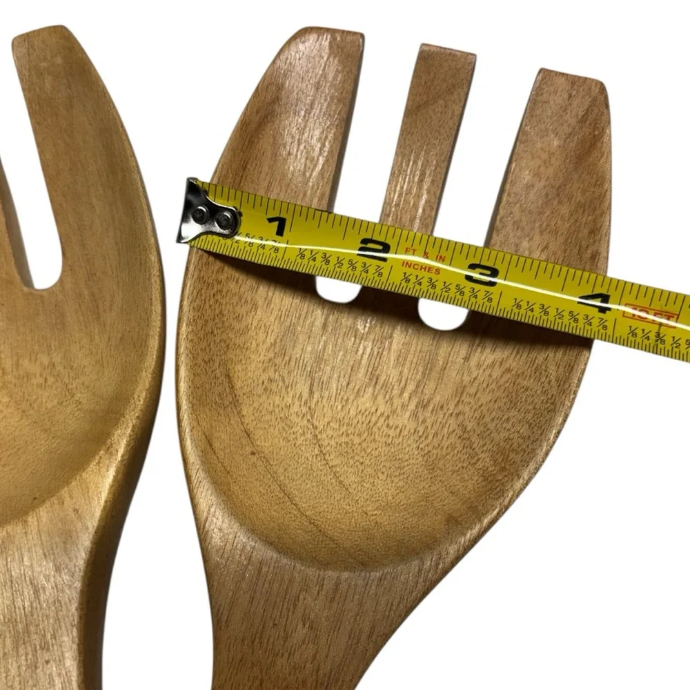 Hand Carved Wood Salad Servers Tong Fork Black Handle 3 Prong Set of 2 Forks